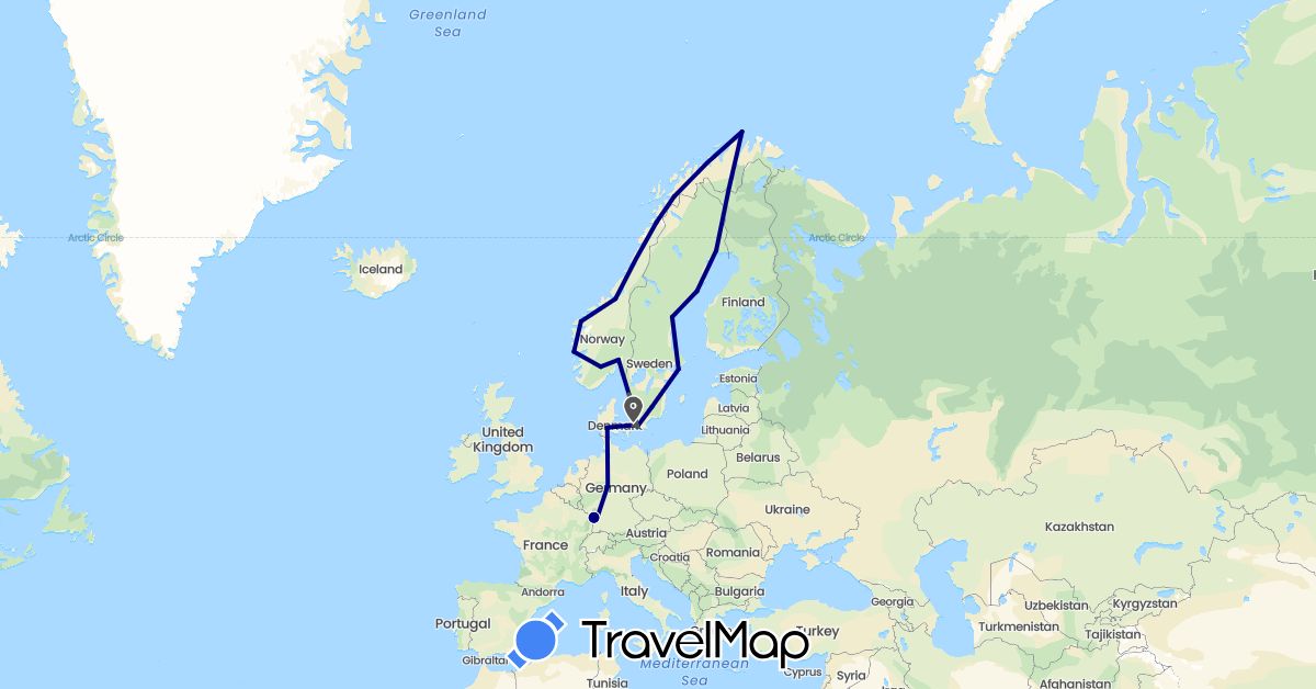 TravelMap itinerary: driving, motorbike in Germany, Denmark, France, Norway, Sweden (Europe)